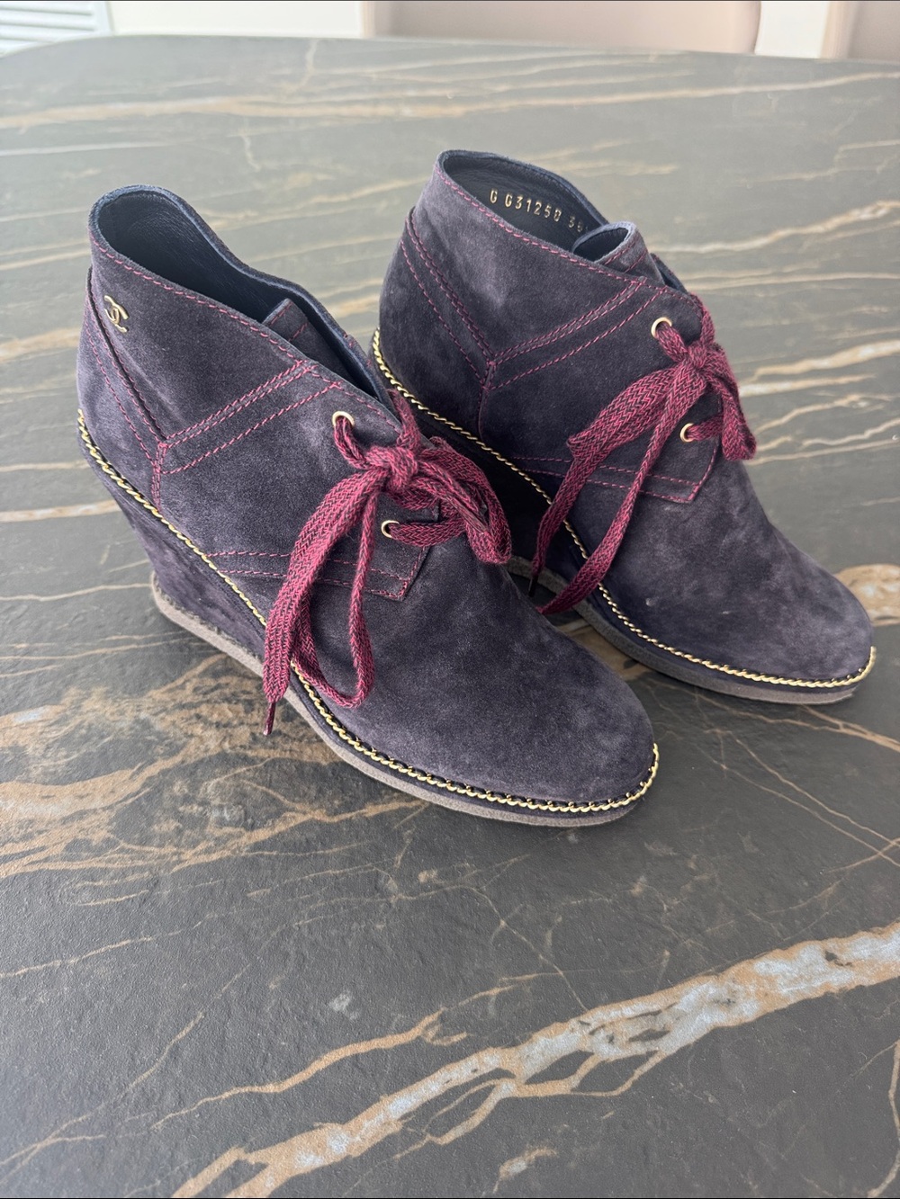 CHANEL Purple Suede Wedge Booties with Burgundy Laces
